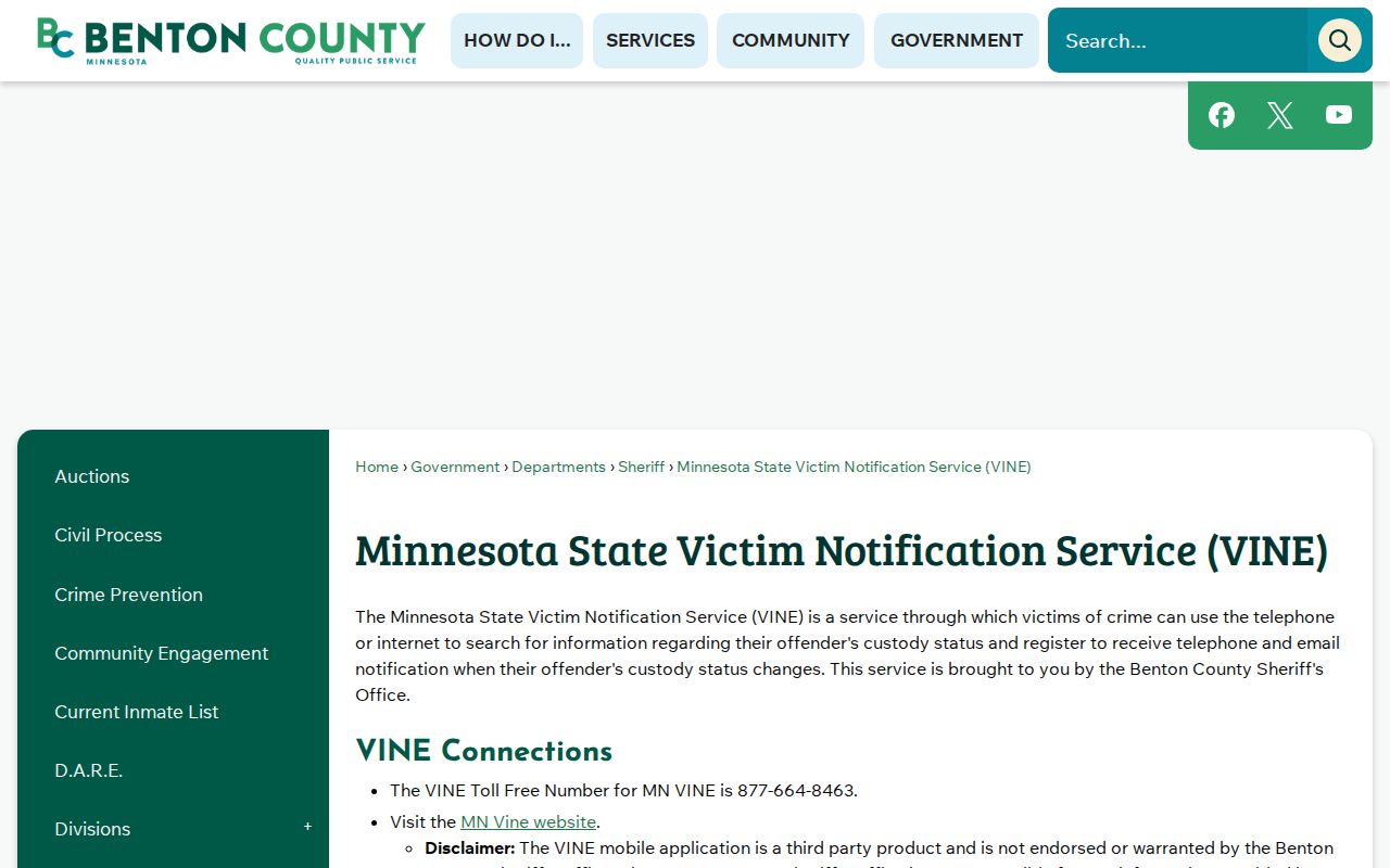 Benton County VINE inmate check and release notification page